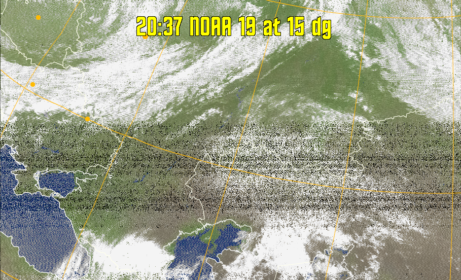 MCIR-precip: 
Colours the NOAA sensor 4 IR image using a map to colour the sea blue and land
green. High clouds appear white, lower clouds gray or land/sea coloured, clouds
generally appear lighter, but distinguishing between land/sea and low cloud may
be difficult. Darker colours indicate warmer regions.