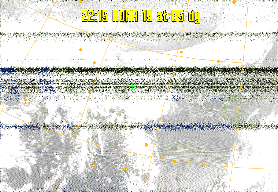MCIR-precip: 
Colours the NOAA sensor 4 IR image using a map to colour the sea blue and land
green. High clouds appear white, lower clouds gray or land/sea coloured, clouds
generally appear lighter, but distinguishing between land/sea and low cloud may
be difficult. Darker colours indicate warmer regions.