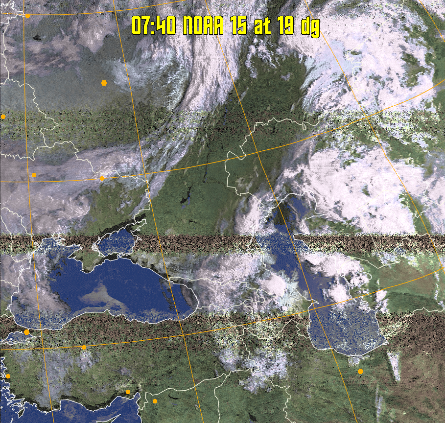 HVCT:
Similar to HVC, but with blue water and with colours more indicative of
land temperatures.
HVC:
Creates a false colour image from NOAA APT images based on temperature using
the HVC colour model. Uses the temperature derived from the sensor 4 image to
select the hue and the brightness from the histogram equalised other image to
select the value and chroma. The HVC colour model attempts to ensure that different colours at the same value will appear to the eye to be the same brightness
and the spacing between colours representing each degree will appear to the eye to
be similar. Bright areas are completely unsaturated in this model.