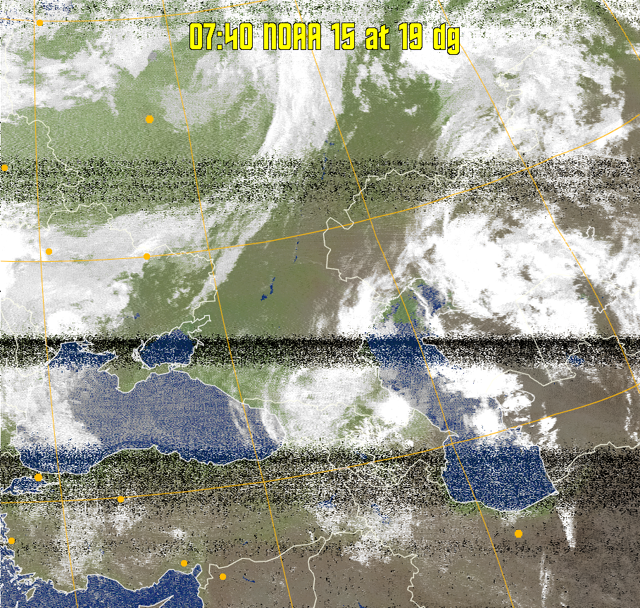 MCIR-precip: 
Colours the NOAA sensor 4 IR image using a map to colour the sea blue and land
green. High clouds appear white, lower clouds gray or land/sea coloured, clouds
generally appear lighter, but distinguishing between land/sea and low cloud may
be difficult. Darker colours indicate warmer regions.