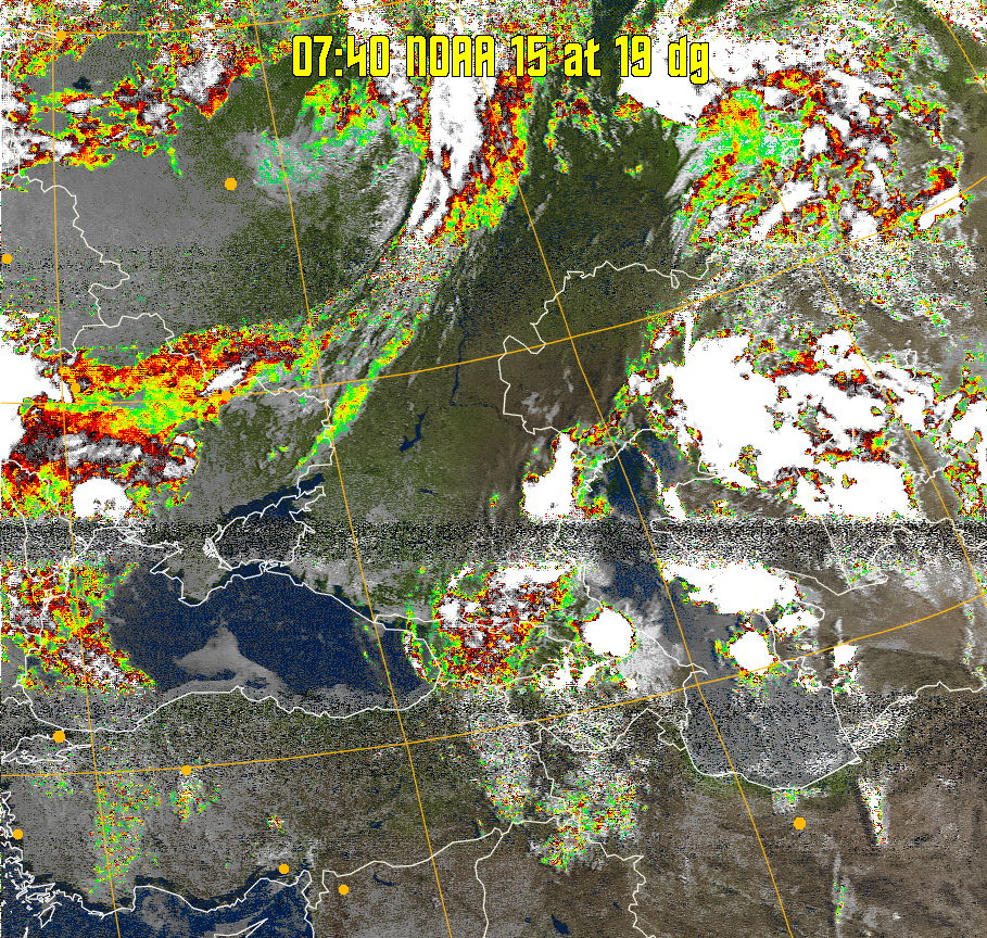 MSA-precip:
Same as MSA multispectral analysis, but high cold cloud tops are coloured the
same as the NO enhancement to give an approximate indication of the probability
and intensity of precipitation.