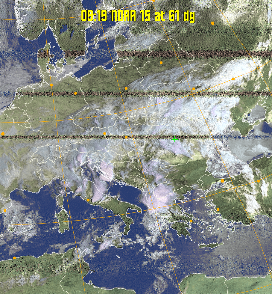HVCT:
Similar to HVC, but with blue water and with colours more indicative of
land temperatures.
HVC:
Creates a false colour image from NOAA APT images based on temperature using
the HVC colour model. Uses the temperature derived from the sensor 4 image to
select the hue and the brightness from the histogram equalised other image to
select the value and chroma. The HVC colour model attempts to ensure that different colours at the same value will appear to the eye to be the same brightness
and the spacing between colours representing each degree will appear to the eye to
be similar. Bright areas are completely unsaturated in this model.