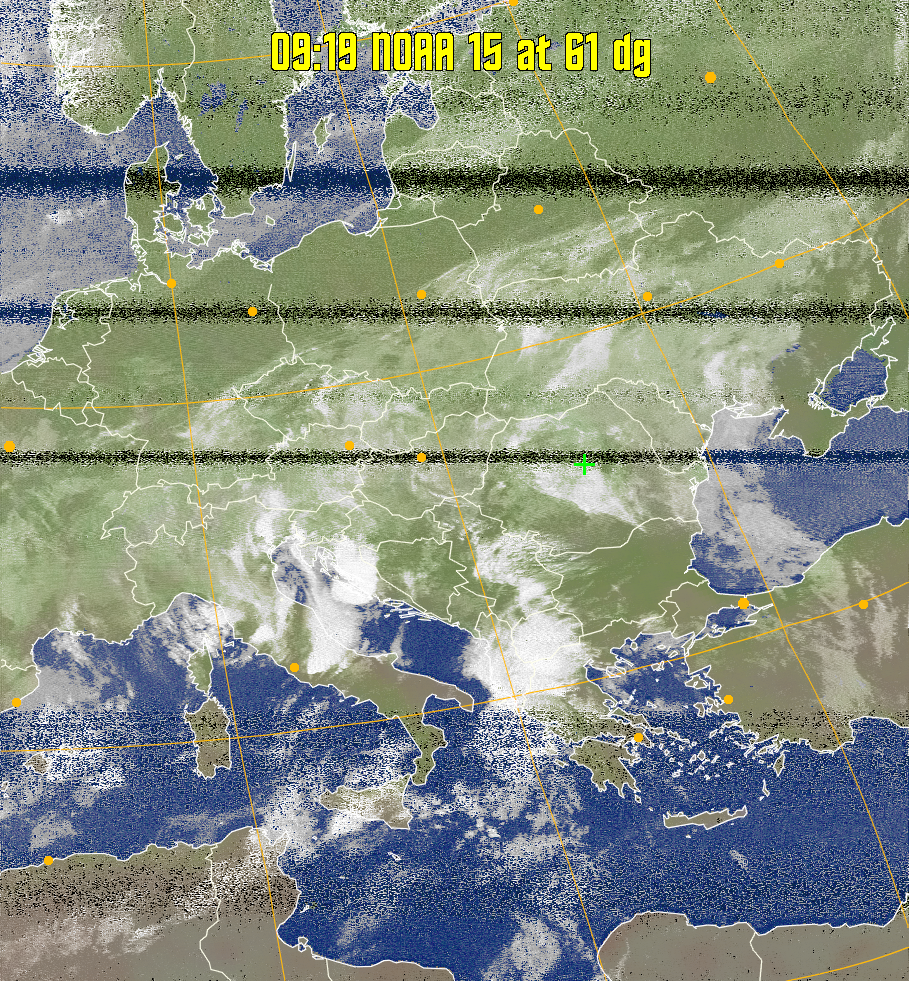 MCIR-precip: 
Colours the NOAA sensor 4 IR image using a map to colour the sea blue and land
green. High clouds appear white, lower clouds gray or land/sea coloured, clouds
generally appear lighter, but distinguishing between land/sea and low cloud may
be difficult. Darker colours indicate warmer regions.