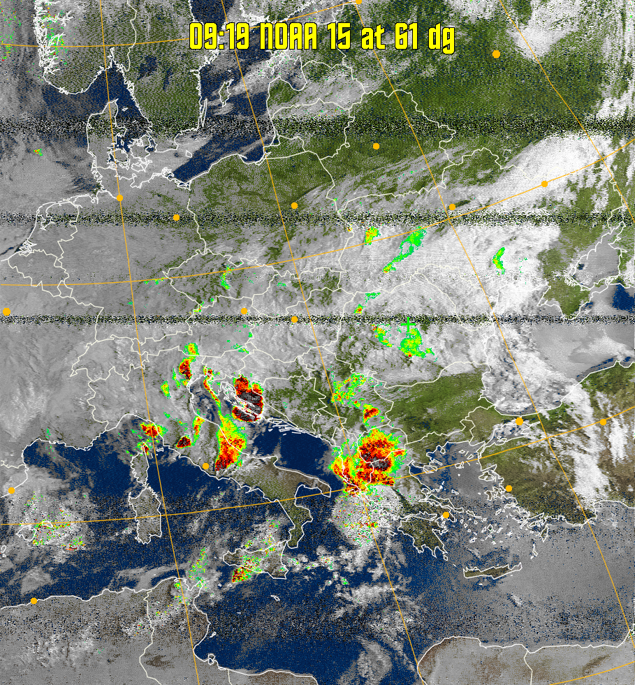 MSA-precip:
Same as MSA multispectral analysis, but high cold cloud tops are coloured the
same as the NO enhancement to give an approximate indication of the probability
and intensity of precipitation.