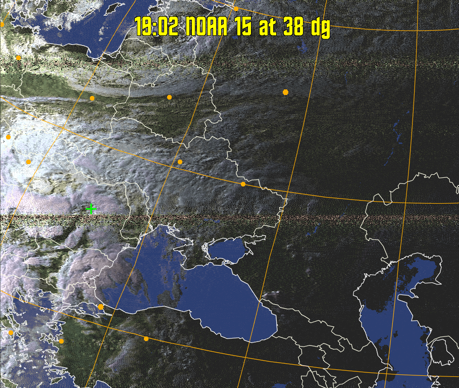 HVCT:
Similar to HVC, but with blue water and with colours more indicative of
land temperatures.
HVC:
Creates a false colour image from NOAA APT images based on temperature using
the HVC colour model. Uses the temperature derived from the sensor 4 image to
select the hue and the brightness from the histogram equalised other image to
select the value and chroma. The HVC colour model attempts to ensure that different colours at the same value will appear to the eye to be the same brightness
and the spacing between colours representing each degree will appear to the eye to
be similar. Bright areas are completely unsaturated in this model.