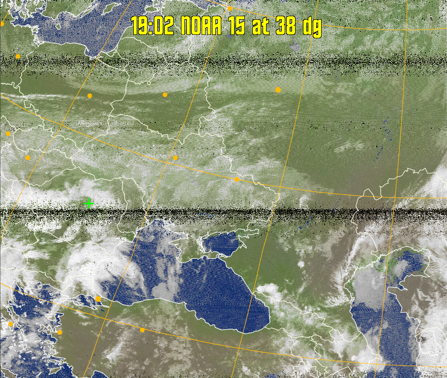 MCIR-precip: 
Colours the NOAA sensor 4 IR image using a map to colour the sea blue and land
green. High clouds appear white, lower clouds gray or land/sea coloured, clouds
generally appear lighter, but distinguishing between land/sea and low cloud may
be difficult. Darker colours indicate warmer regions.