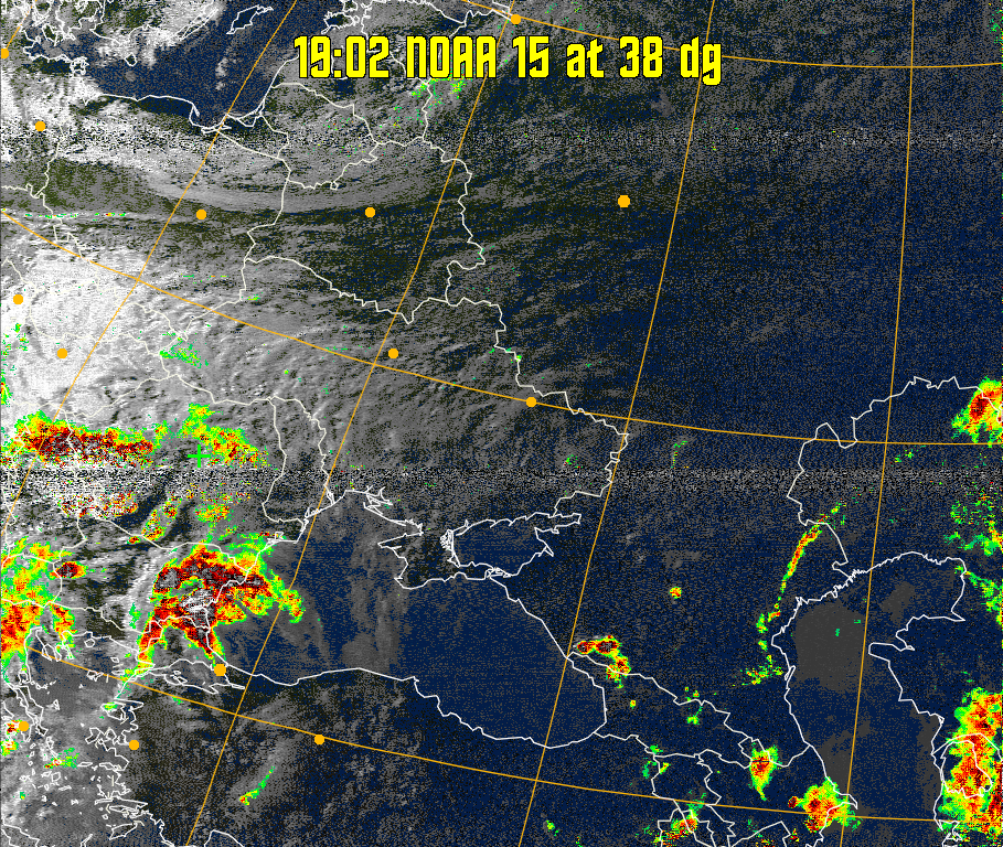 MSA-precip:
Same as MSA multispectral analysis, but high cold cloud tops are coloured the
same as the NO enhancement to give an approximate indication of the probability
and intensity of precipitation.