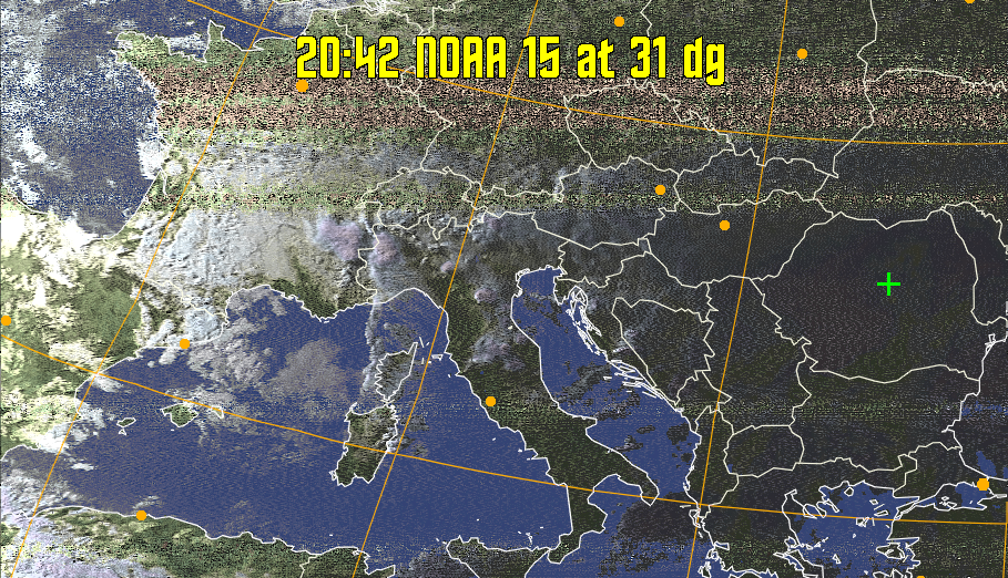 HVCT:
Similar to HVC, but with blue water and with colours more indicative of
land temperatures.
HVC:
Creates a false colour image from NOAA APT images based on temperature using
the HVC colour model. Uses the temperature derived from the sensor 4 image to
select the hue and the brightness from the histogram equalised other image to
select the value and chroma. The HVC colour model attempts to ensure that different colours at the same value will appear to the eye to be the same brightness
and the spacing between colours representing each degree will appear to the eye to
be similar. Bright areas are completely unsaturated in this model.