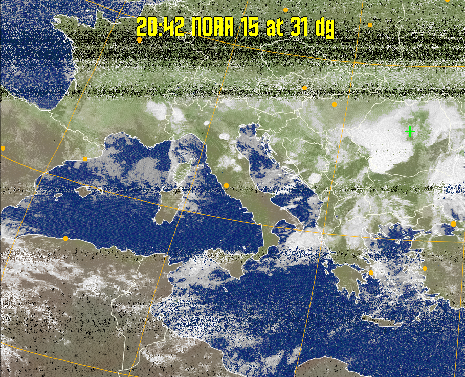 MCIR-precip: 
Colours the NOAA sensor 4 IR image using a map to colour the sea blue and land
green. High clouds appear white, lower clouds gray or land/sea coloured, clouds
generally appear lighter, but distinguishing between land/sea and low cloud may
be difficult. Darker colours indicate warmer regions.