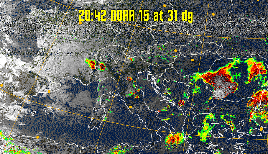 MSA-precip:
Same as MSA multispectral analysis, but high cold cloud tops are coloured the
same as the NO enhancement to give an approximate indication of the probability
and intensity of precipitation.