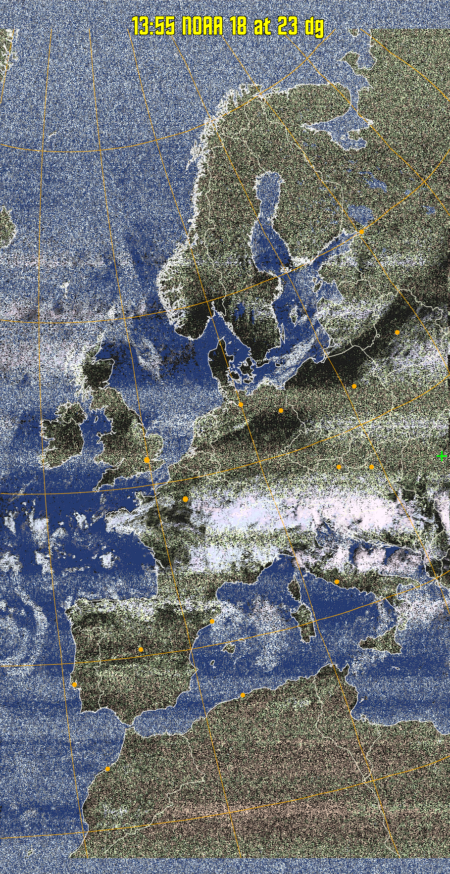 HVCT:
Similar to HVC, but with blue water and with colours more indicative of
land temperatures.
HVC:
Creates a false colour image from NOAA APT images based on temperature using
the HVC colour model. Uses the temperature derived from the sensor 4 image to
select the hue and the brightness from the histogram equalised other image to
select the value and chroma. The HVC colour model attempts to ensure that different colours at the same value will appear to the eye to be the same brightness
and the spacing between colours representing each degree will appear to the eye to
be similar. Bright areas are completely unsaturated in this model.