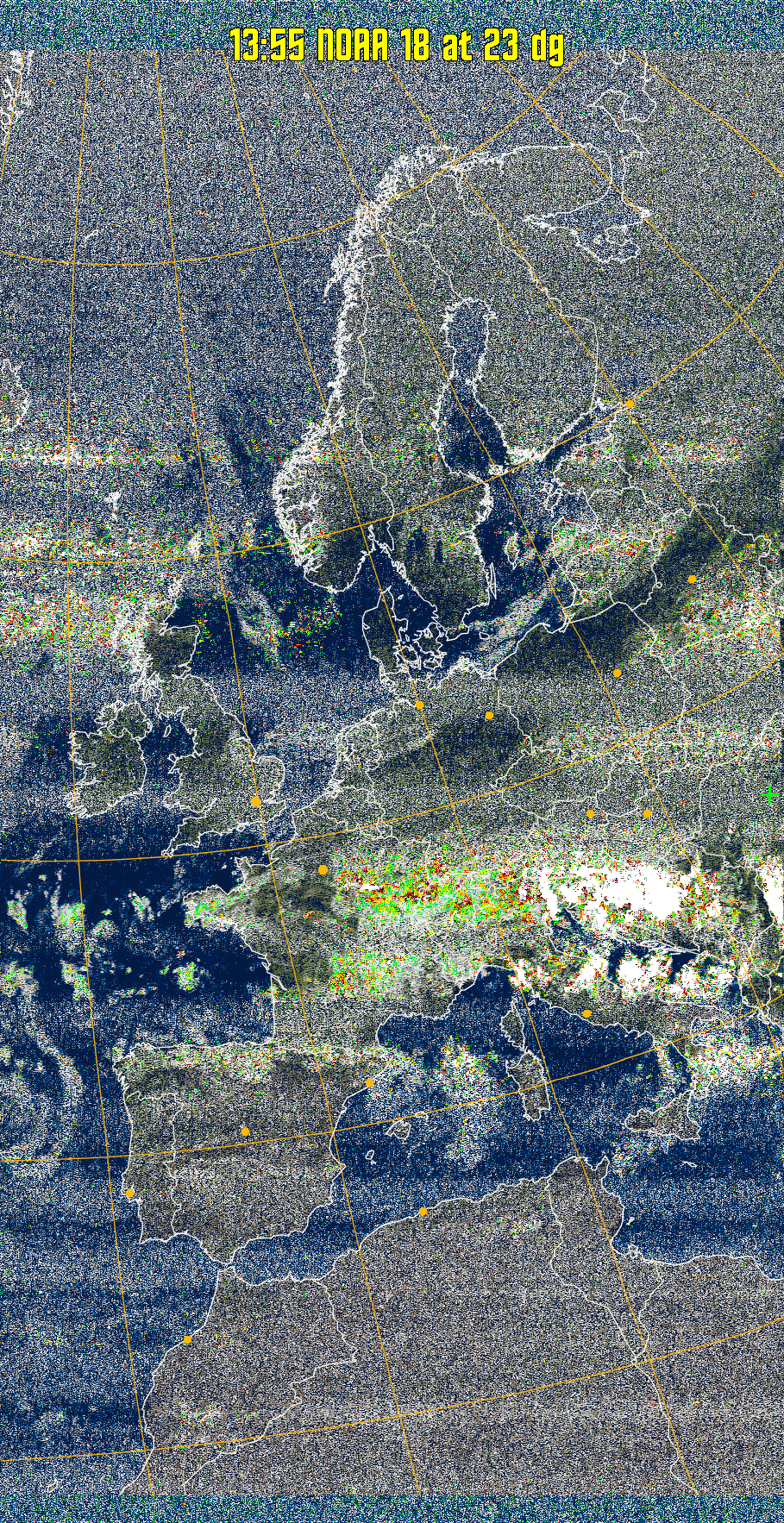 MSA-precip:
Same as MSA multispectral analysis, but high cold cloud tops are coloured the
same as the NO enhancement to give an approximate indication of the probability
and intensity of precipitation.