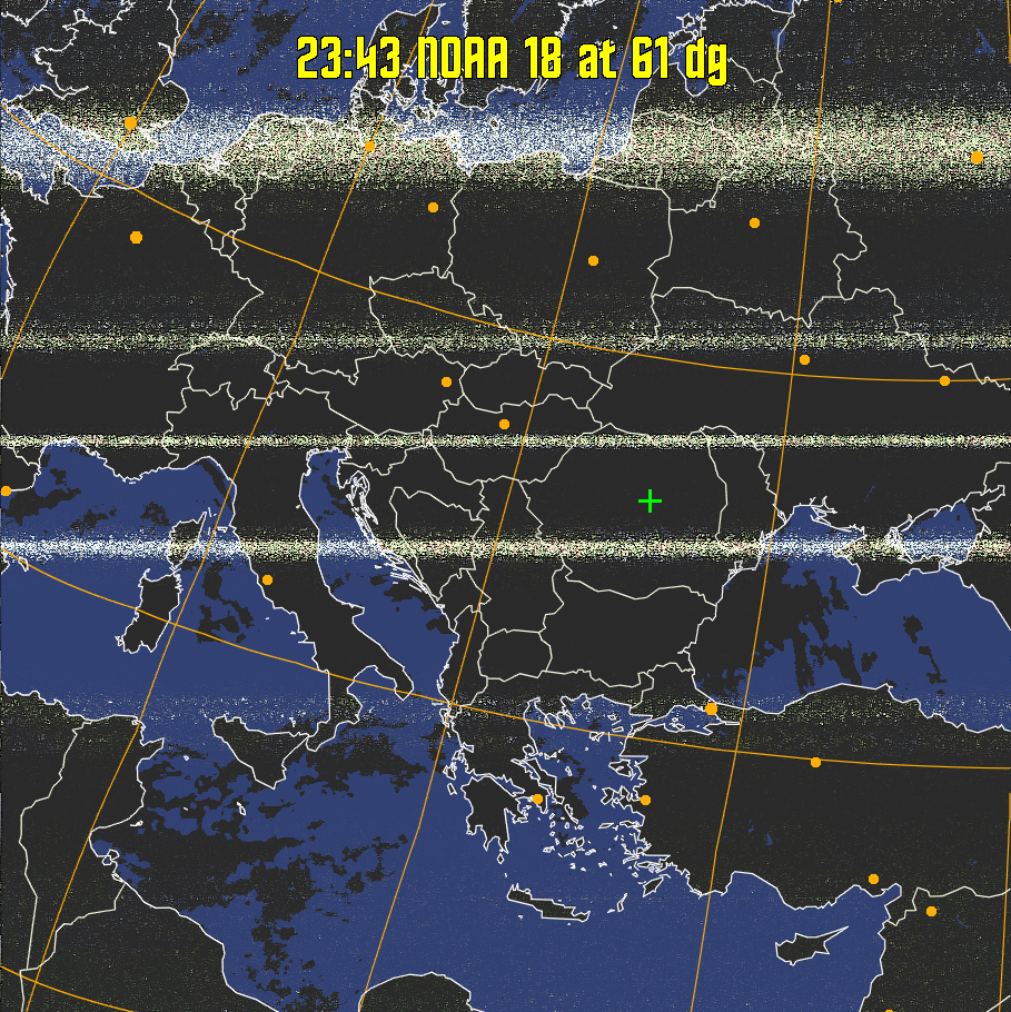 HVCT:
Similar to HVC, but with blue water and with colours more indicative of
land temperatures.
HVC:
Creates a false colour image from NOAA APT images based on temperature using
the HVC colour model. Uses the temperature derived from the sensor 4 image to
select the hue and the brightness from the histogram equalised other image to
select the value and chroma. The HVC colour model attempts to ensure that different colours at the same value will appear to the eye to be the same brightness
and the spacing between colours representing each degree will appear to the eye to
be similar. Bright areas are completely unsaturated in this model.