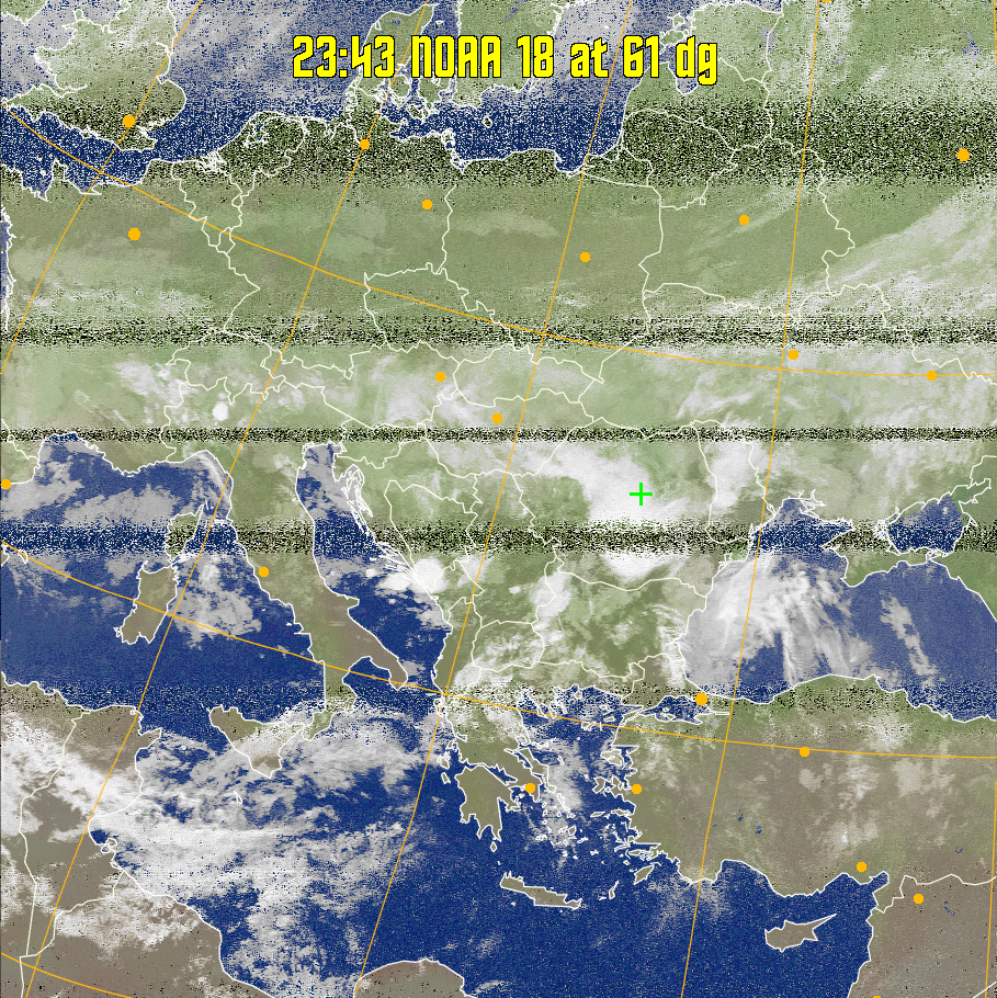 MCIR-precip: 
Colours the NOAA sensor 4 IR image using a map to colour the sea blue and land
green. High clouds appear white, lower clouds gray or land/sea coloured, clouds
generally appear lighter, but distinguishing between land/sea and low cloud may
be difficult. Darker colours indicate warmer regions.