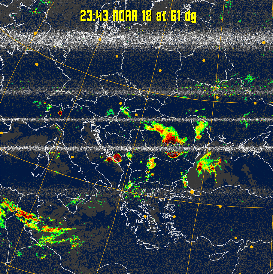 MSA-precip:
Same as MSA multispectral analysis, but high cold cloud tops are coloured the
same as the NO enhancement to give an approximate indication of the probability
and intensity of precipitation.