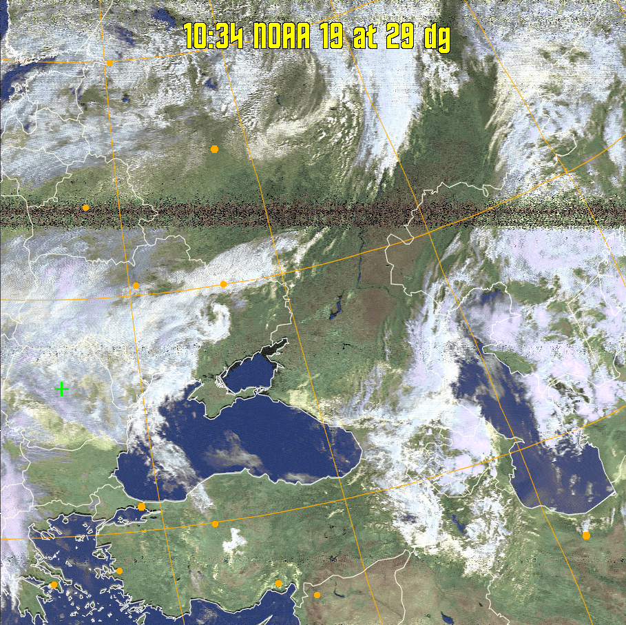 HVCT:
Similar to HVC, but with blue water and with colours more indicative of
land temperatures.
HVC:
Creates a false colour image from NOAA APT images based on temperature using
the HVC colour model. Uses the temperature derived from the sensor 4 image to
select the hue and the brightness from the histogram equalised other image to
select the value and chroma. The HVC colour model attempts to ensure that different colours at the same value will appear to the eye to be the same brightness
and the spacing between colours representing each degree will appear to the eye to
be similar. Bright areas are completely unsaturated in this model.