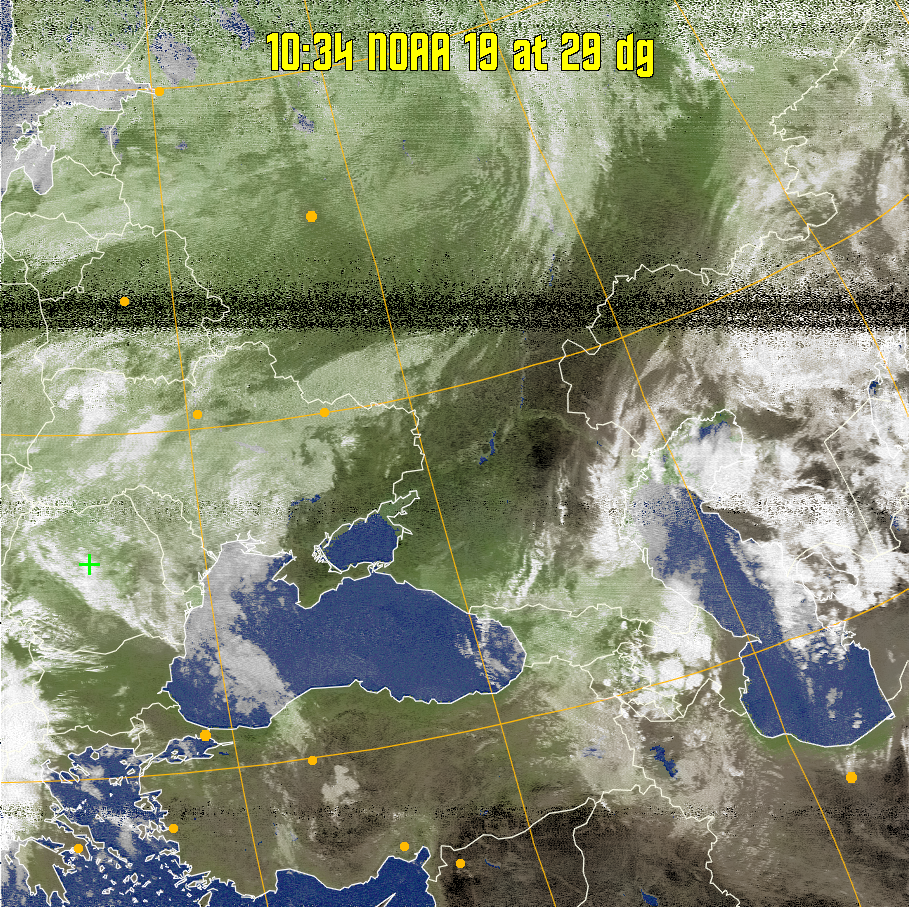 MCIR-precip: 
Colours the NOAA sensor 4 IR image using a map to colour the sea blue and land
green. High clouds appear white, lower clouds gray or land/sea coloured, clouds
generally appear lighter, but distinguishing between land/sea and low cloud may
be difficult. Darker colours indicate warmer regions.