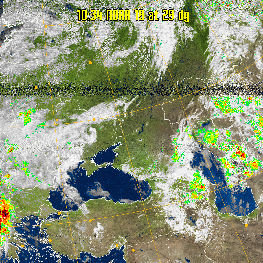 MSA-precip:
Same as MSA multispectral analysis, but high cold cloud tops are coloured the
same as the NO enhancement to give an approximate indication of the probability
and intensity of precipitation.
