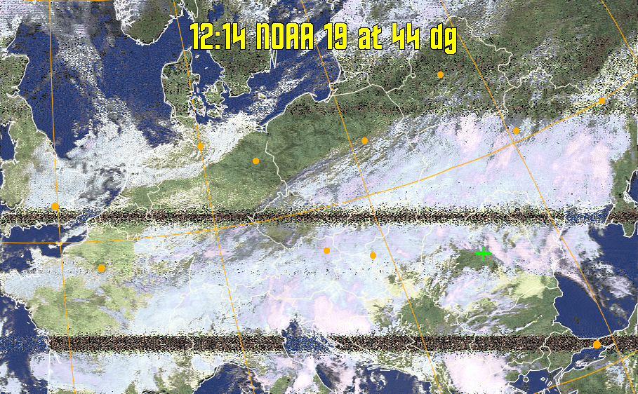 HVCT:
Similar to HVC, but with blue water and with colours more indicative of
land temperatures.
HVC:
Creates a false colour image from NOAA APT images based on temperature using
the HVC colour model. Uses the temperature derived from the sensor 4 image to
select the hue and the brightness from the histogram equalised other image to
select the value and chroma. The HVC colour model attempts to ensure that different colours at the same value will appear to the eye to be the same brightness
and the spacing between colours representing each degree will appear to the eye to
be similar. Bright areas are completely unsaturated in this model.