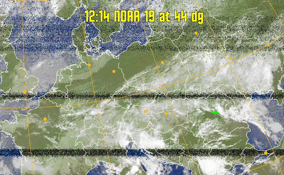 MCIR-precip: 
Colours the NOAA sensor 4 IR image using a map to colour the sea blue and land
green. High clouds appear white, lower clouds gray or land/sea coloured, clouds
generally appear lighter, but distinguishing between land/sea and low cloud may
be difficult. Darker colours indicate warmer regions.