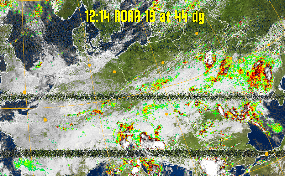 MSA-precip:
Same as MSA multispectral analysis, but high cold cloud tops are coloured the
same as the NO enhancement to give an approximate indication of the probability
and intensity of precipitation.