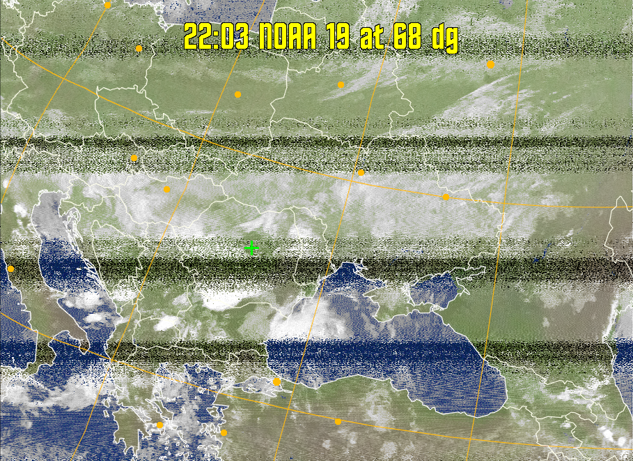 MCIR-precip: 
Colours the NOAA sensor 4 IR image using a map to colour the sea blue and land
green. High clouds appear white, lower clouds gray or land/sea coloured, clouds
generally appear lighter, but distinguishing between land/sea and low cloud may
be difficult. Darker colours indicate warmer regions.