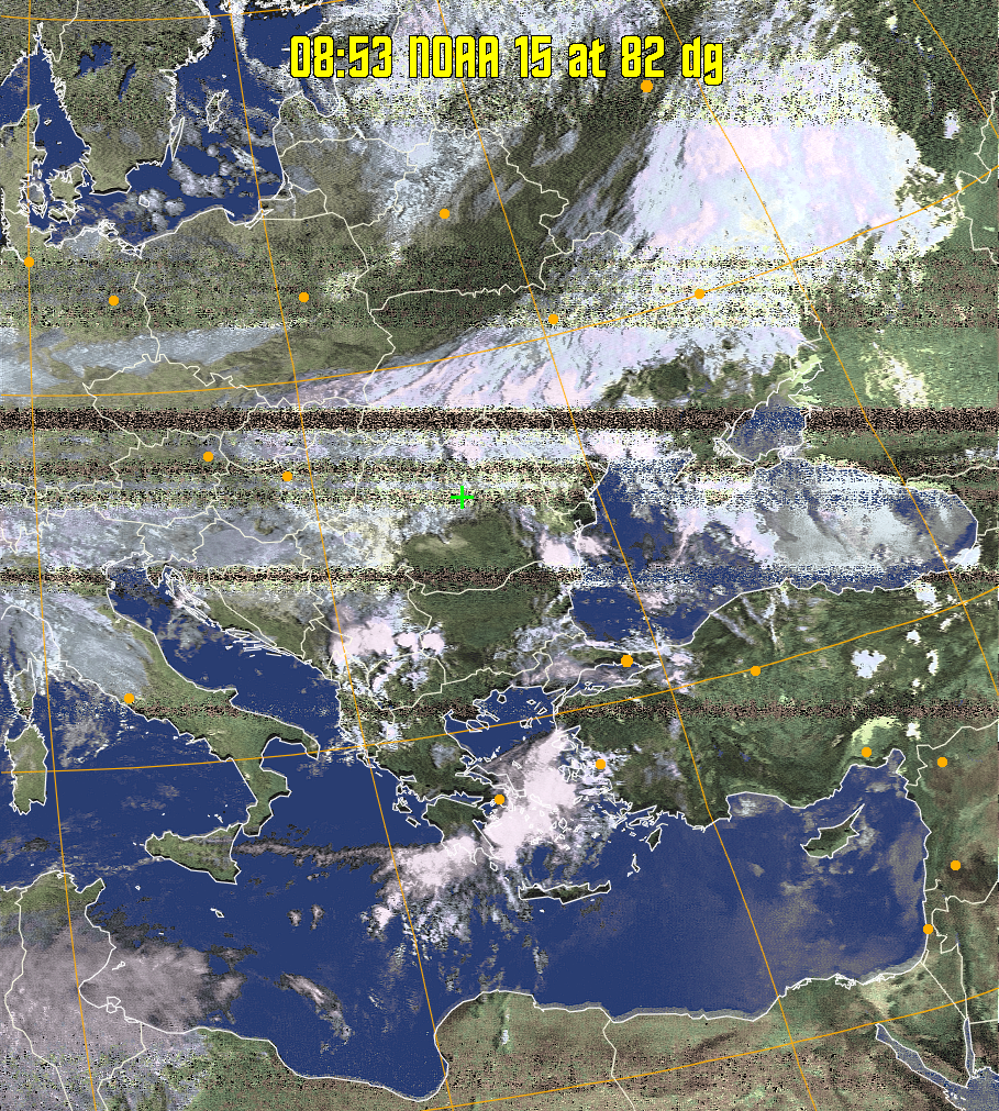 HVCT:
Similar to HVC, but with blue water and with colours more indicative of
land temperatures.
HVC:
Creates a false colour image from NOAA APT images based on temperature using
the HVC colour model. Uses the temperature derived from the sensor 4 image to
select the hue and the brightness from the histogram equalised other image to
select the value and chroma. The HVC colour model attempts to ensure that different colours at the same value will appear to the eye to be the same brightness
and the spacing between colours representing each degree will appear to the eye to
be similar. Bright areas are completely unsaturated in this model.