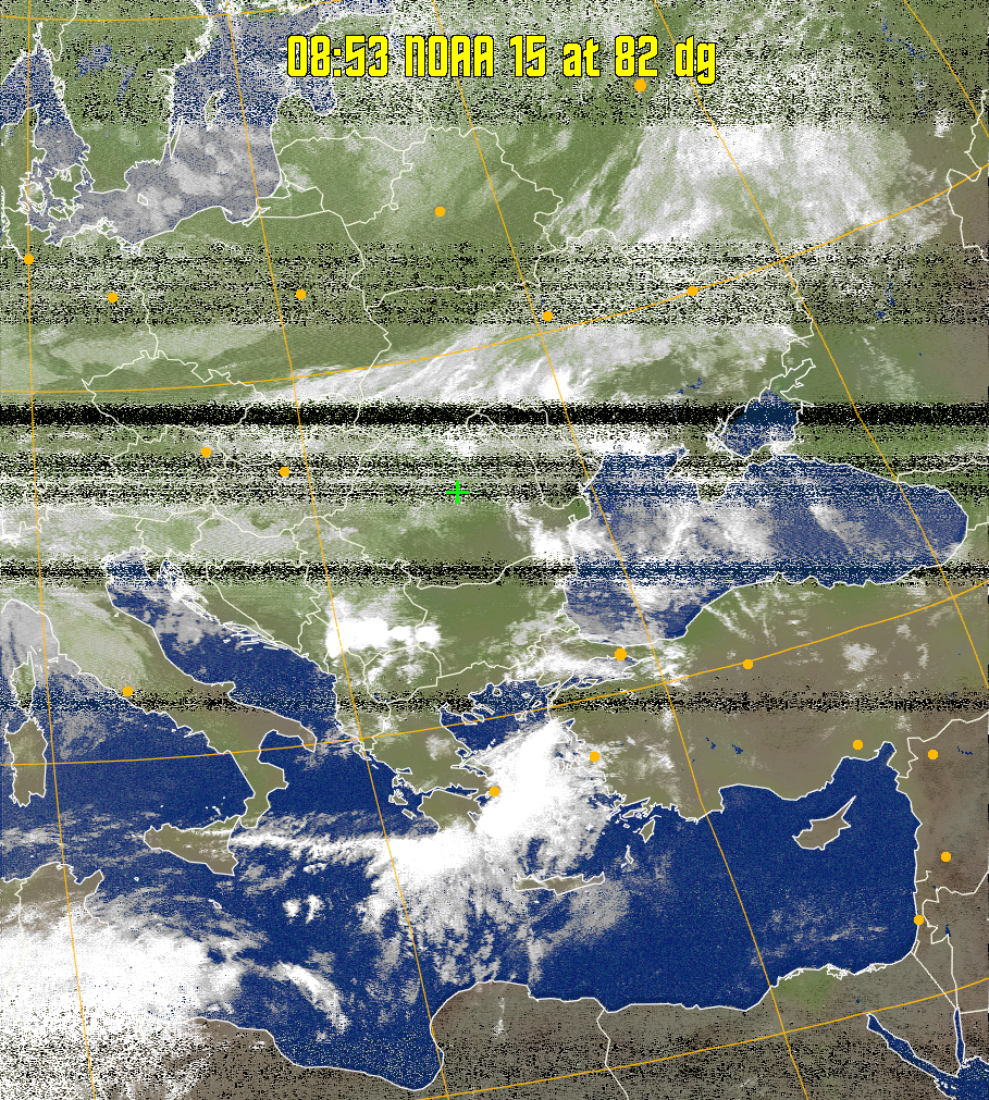 MCIR-precip: 
Colours the NOAA sensor 4 IR image using a map to colour the sea blue and land
green. High clouds appear white, lower clouds gray or land/sea coloured, clouds
generally appear lighter, but distinguishing between land/sea and low cloud may
be difficult. Darker colours indicate warmer regions.