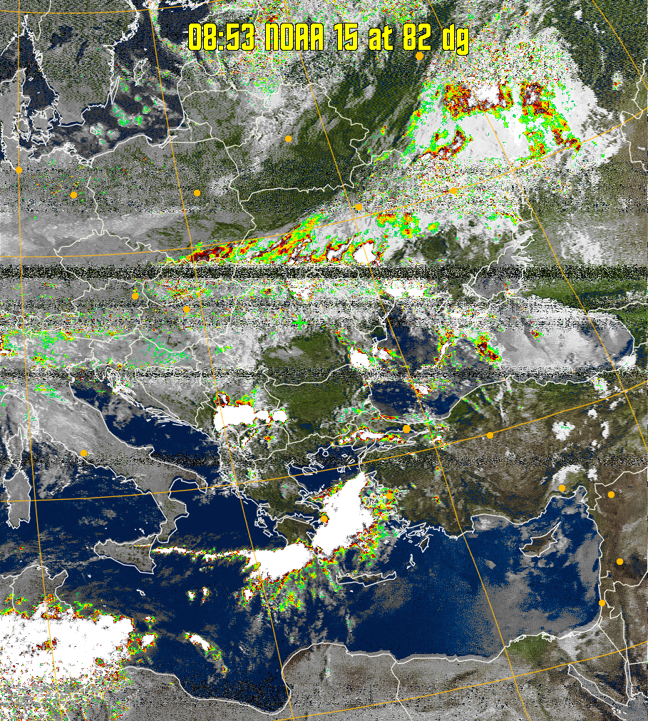 MSA-precip:
Same as MSA multispectral analysis, but high cold cloud tops are coloured the
same as the NO enhancement to give an approximate indication of the probability
and intensity of precipitation.