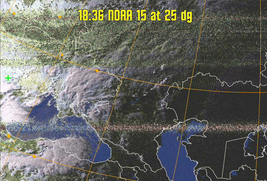 HVCT:
Similar to HVC, but with blue water and with colours more indicative of
land temperatures.
HVC:
Creates a false colour image from NOAA APT images based on temperature using
the HVC colour model. Uses the temperature derived from the sensor 4 image to
select the hue and the brightness from the histogram equalised other image to
select the value and chroma. The HVC colour model attempts to ensure that different colours at the same value will appear to the eye to be the same brightness
and the spacing between colours representing each degree will appear to the eye to
be similar. Bright areas are completely unsaturated in this model.