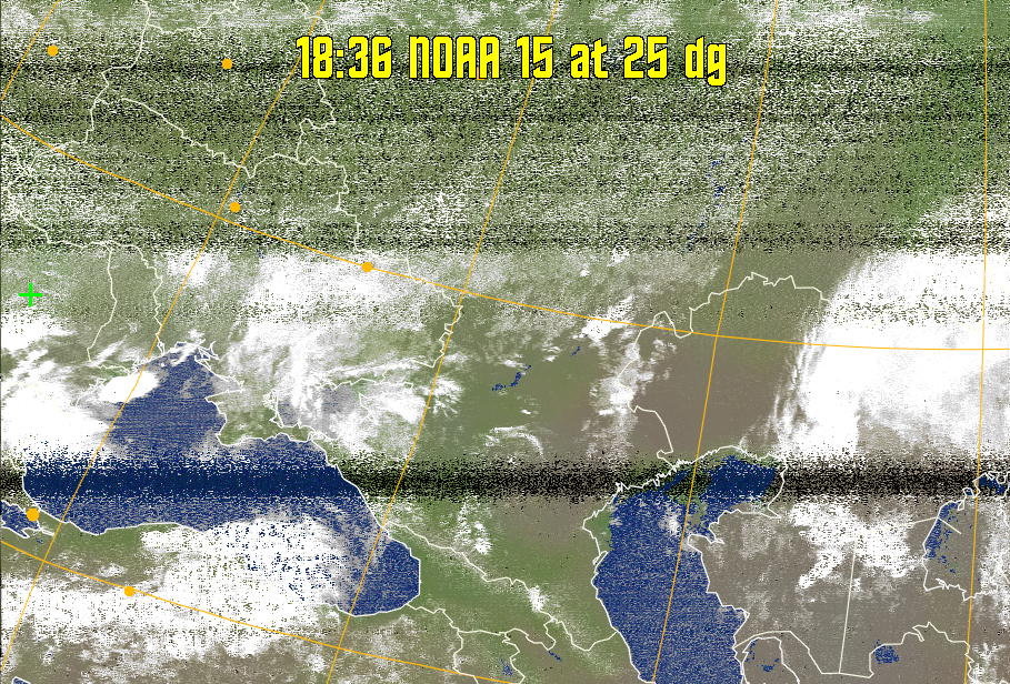 MCIR-precip: 
Colours the NOAA sensor 4 IR image using a map to colour the sea blue and land
green. High clouds appear white, lower clouds gray or land/sea coloured, clouds
generally appear lighter, but distinguishing between land/sea and low cloud may
be difficult. Darker colours indicate warmer regions.