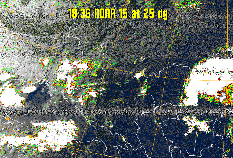 MSA-precip:
Same as MSA multispectral analysis, but high cold cloud tops are coloured the
same as the NO enhancement to give an approximate indication of the probability
and intensity of precipitation.