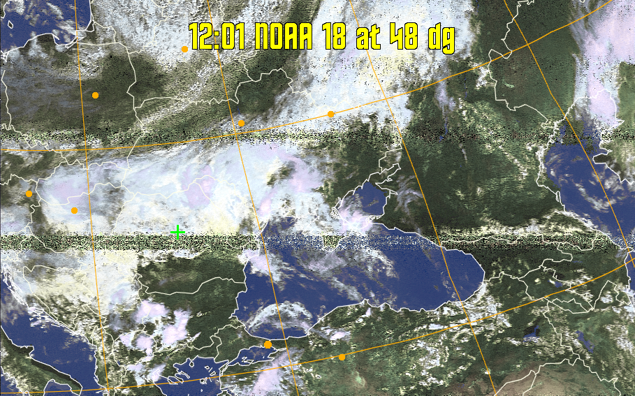 HVCT:
Similar to HVC, but with blue water and with colours more indicative of
land temperatures.
HVC:
Creates a false colour image from NOAA APT images based on temperature using
the HVC colour model. Uses the temperature derived from the sensor 4 image to
select the hue and the brightness from the histogram equalised other image to
select the value and chroma. The HVC colour model attempts to ensure that different colours at the same value will appear to the eye to be the same brightness
and the spacing between colours representing each degree will appear to the eye to
be similar. Bright areas are completely unsaturated in this model.