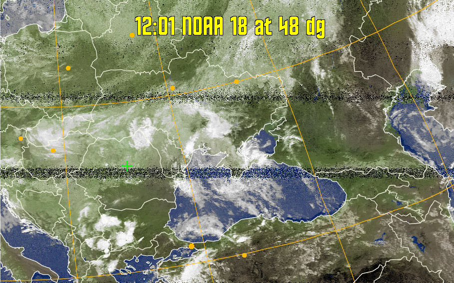 MCIR-precip: 
Colours the NOAA sensor 4 IR image using a map to colour the sea blue and land
green. High clouds appear white, lower clouds gray or land/sea coloured, clouds
generally appear lighter, but distinguishing between land/sea and low cloud may
be difficult. Darker colours indicate warmer regions.