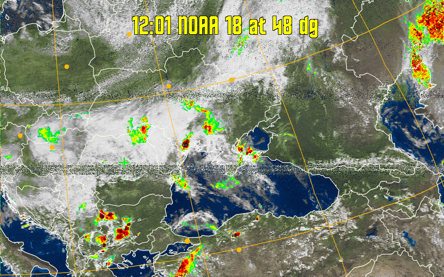 MSA-precip:
Same as MSA multispectral analysis, but high cold cloud tops are coloured the
same as the NO enhancement to give an approximate indication of the probability
and intensity of precipitation.