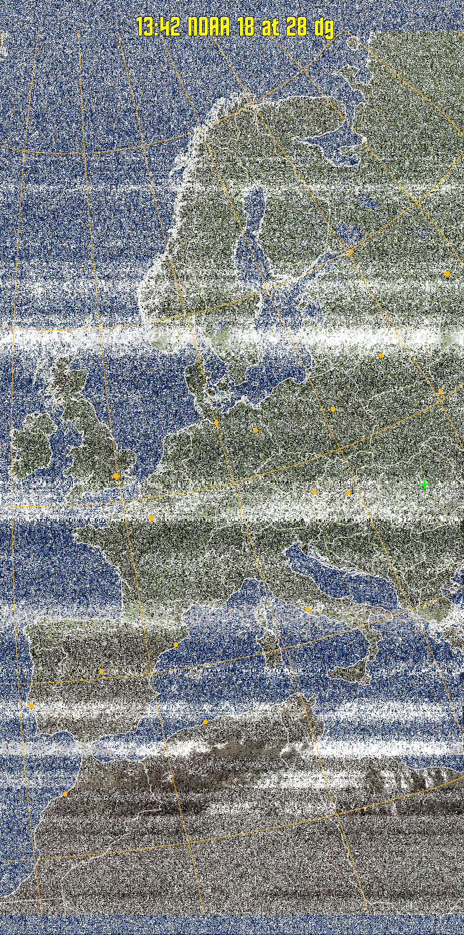 MCIR-precip: 
Colours the NOAA sensor 4 IR image using a map to colour the sea blue and land
green. High clouds appear white, lower clouds gray or land/sea coloured, clouds
generally appear lighter, but distinguishing between land/sea and low cloud may
be difficult. Darker colours indicate warmer regions.