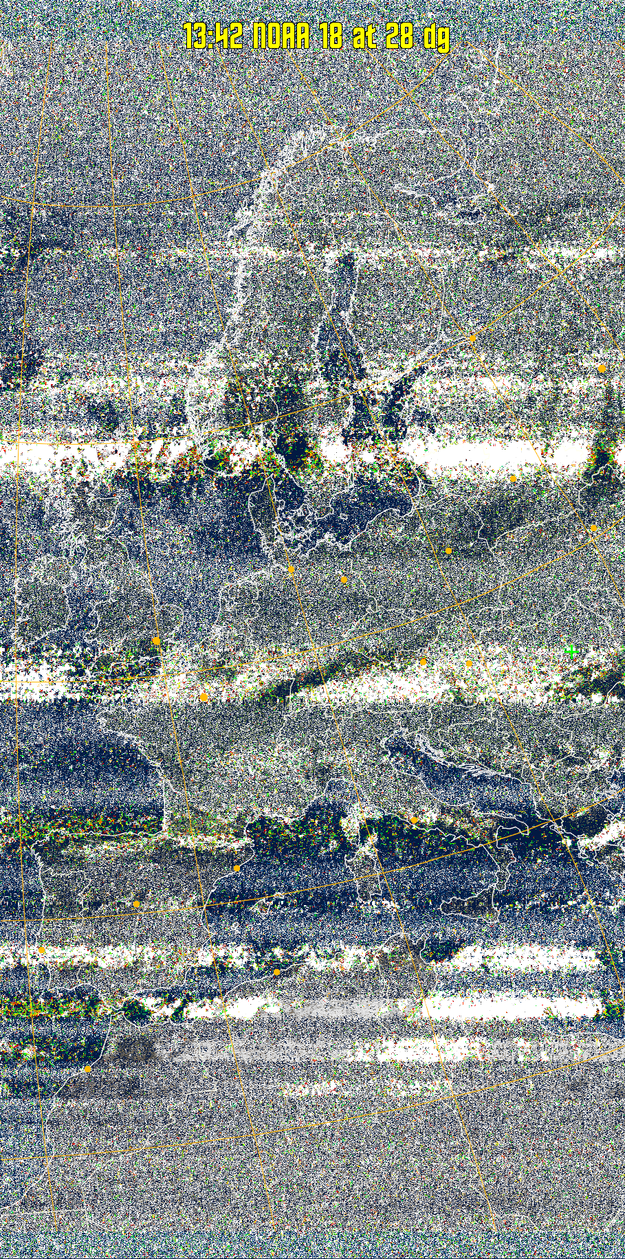 MSA-precip:
Same as MSA multispectral analysis, but high cold cloud tops are coloured the
same as the NO enhancement to give an approximate indication of the probability
and intensity of precipitation.