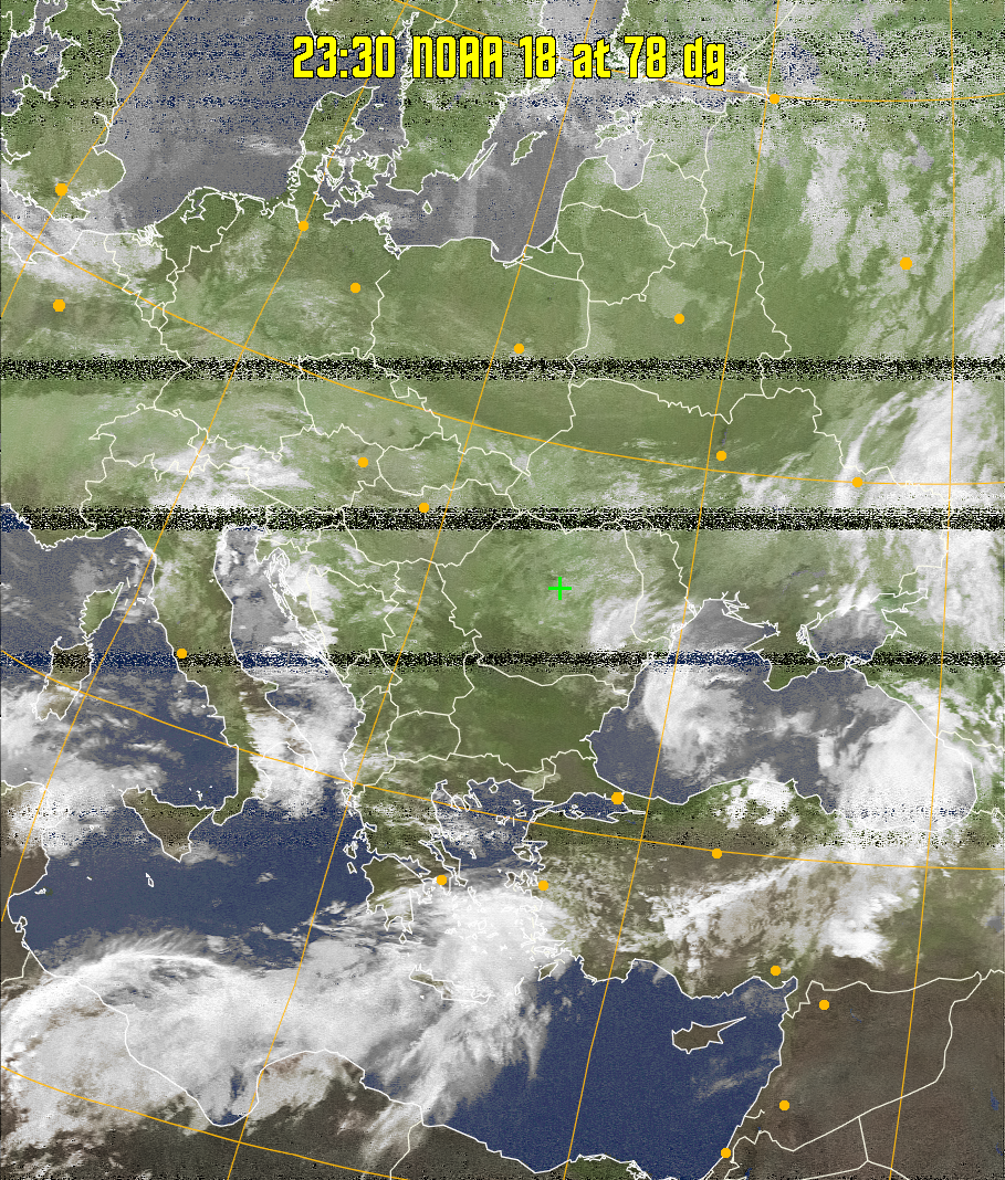 MCIR-precip: 
Colours the NOAA sensor 4 IR image using a map to colour the sea blue and land
green. High clouds appear white, lower clouds gray or land/sea coloured, clouds
generally appear lighter, but distinguishing between land/sea and low cloud may
be difficult. Darker colours indicate warmer regions.