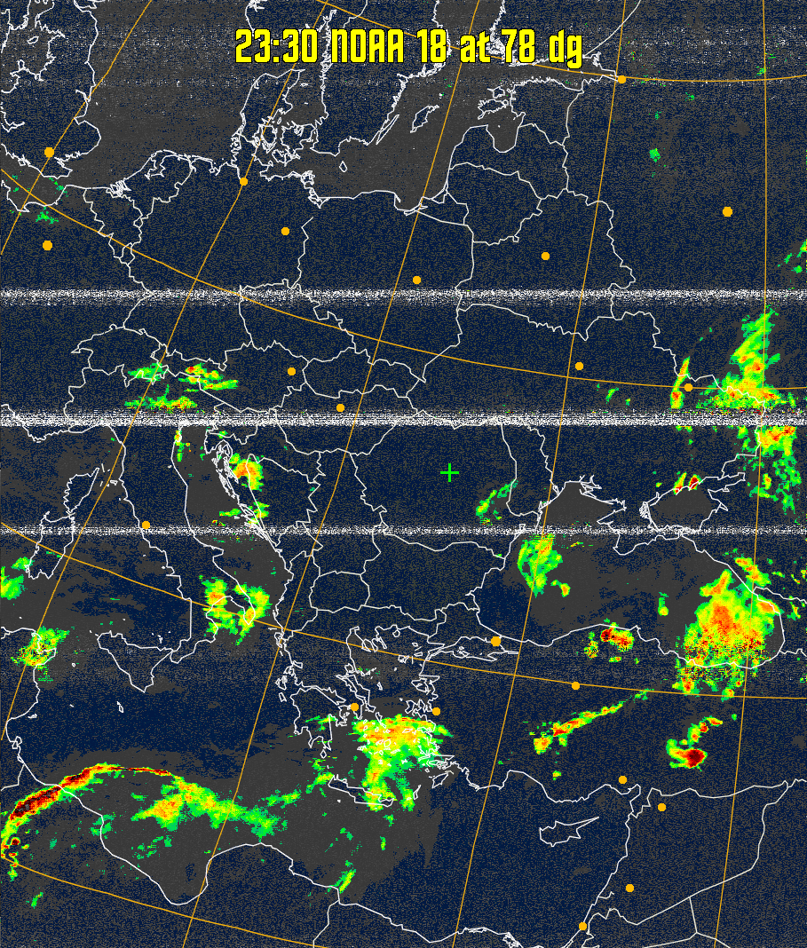 MSA-precip:
Same as MSA multispectral analysis, but high cold cloud tops are coloured the
same as the NO enhancement to give an approximate indication of the probability
and intensity of precipitation.