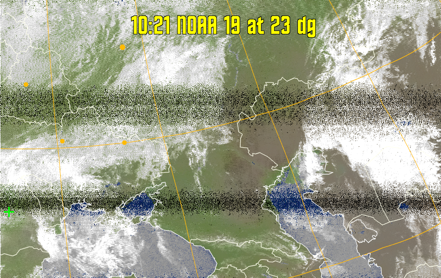 MCIR-precip: 
Colours the NOAA sensor 4 IR image using a map to colour the sea blue and land
green. High clouds appear white, lower clouds gray or land/sea coloured, clouds
generally appear lighter, but distinguishing between land/sea and low cloud may
be difficult. Darker colours indicate warmer regions.