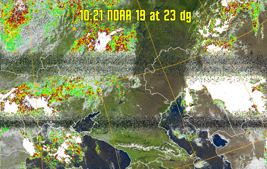 MSA-precip:
Same as MSA multispectral analysis, but high cold cloud tops are coloured the
same as the NO enhancement to give an approximate indication of the probability
and intensity of precipitation.