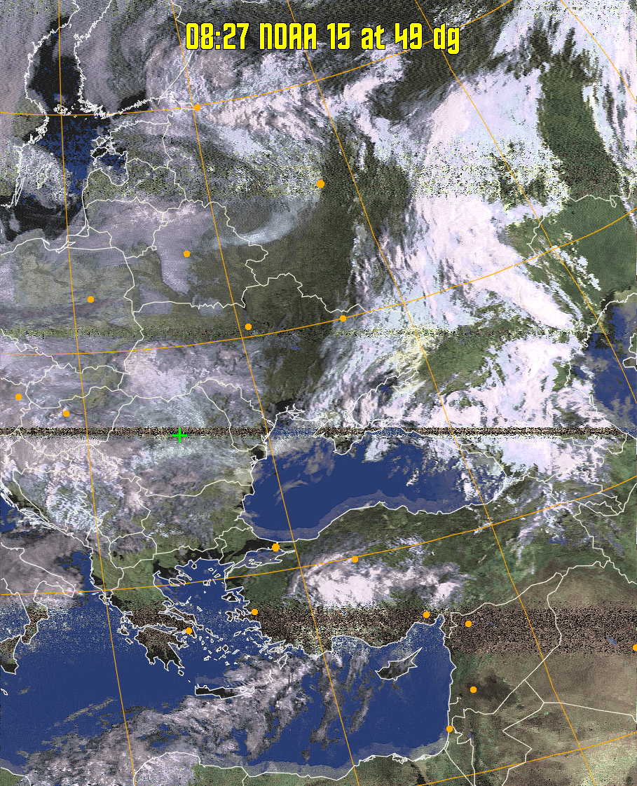 HVCT:
Similar to HVC, but with blue water and with colours more indicative of
land temperatures.
HVC:
Creates a false colour image from NOAA APT images based on temperature using
the HVC colour model. Uses the temperature derived from the sensor 4 image to
select the hue and the brightness from the histogram equalised other image to
select the value and chroma. The HVC colour model attempts to ensure that different colours at the same value will appear to the eye to be the same brightness
and the spacing between colours representing each degree will appear to the eye to
be similar. Bright areas are completely unsaturated in this model.