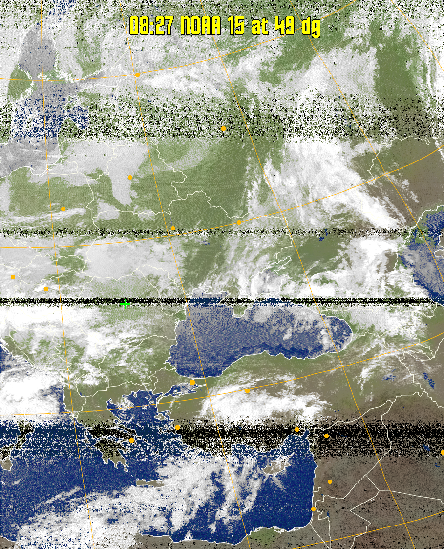 MCIR-precip: 
Colours the NOAA sensor 4 IR image using a map to colour the sea blue and land
green. High clouds appear white, lower clouds gray or land/sea coloured, clouds
generally appear lighter, but distinguishing between land/sea and low cloud may
be difficult. Darker colours indicate warmer regions.