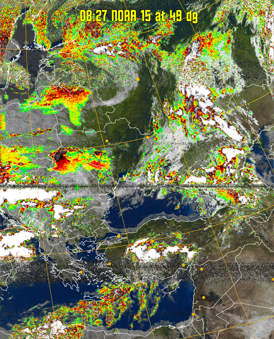 MSA-precip:
Same as MSA multispectral analysis, but high cold cloud tops are coloured the
same as the NO enhancement to give an approximate indication of the probability
and intensity of precipitation.
