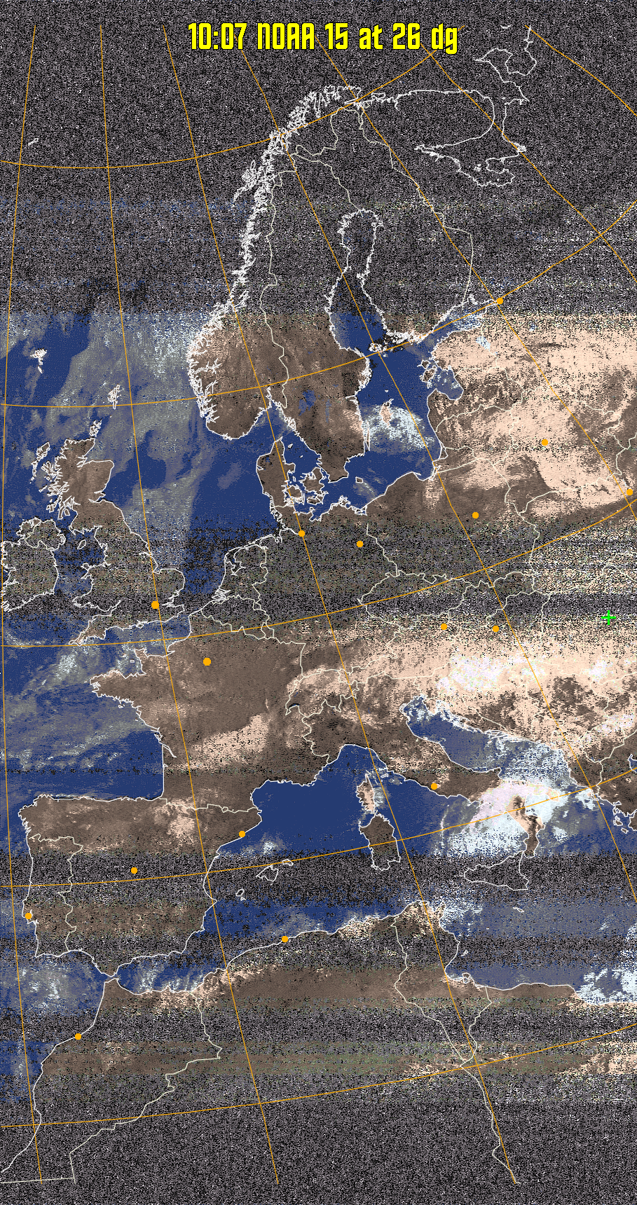 HVCT:
Similar to HVC, but with blue water and with colours more indicative of
land temperatures.
HVC:
Creates a false colour image from NOAA APT images based on temperature using
the HVC colour model. Uses the temperature derived from the sensor 4 image to
select the hue and the brightness from the histogram equalised other image to
select the value and chroma. The HVC colour model attempts to ensure that different colours at the same value will appear to the eye to be the same brightness
and the spacing between colours representing each degree will appear to the eye to
be similar. Bright areas are completely unsaturated in this model.