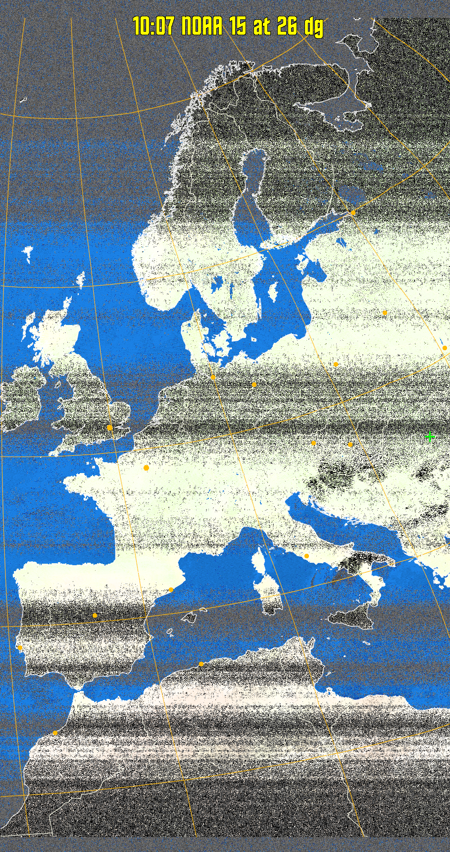 MCIR-precip: 
Colours the NOAA sensor 4 IR image using a map to colour the sea blue and land
green. High clouds appear white, lower clouds gray or land/sea coloured, clouds
generally appear lighter, but distinguishing between land/sea and low cloud may
be difficult. Darker colours indicate warmer regions.