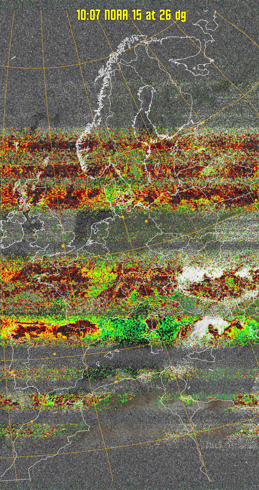 MSA-precip:
Same as MSA multispectral analysis, but high cold cloud tops are coloured the
same as the NO enhancement to give an approximate indication of the probability
and intensity of precipitation.