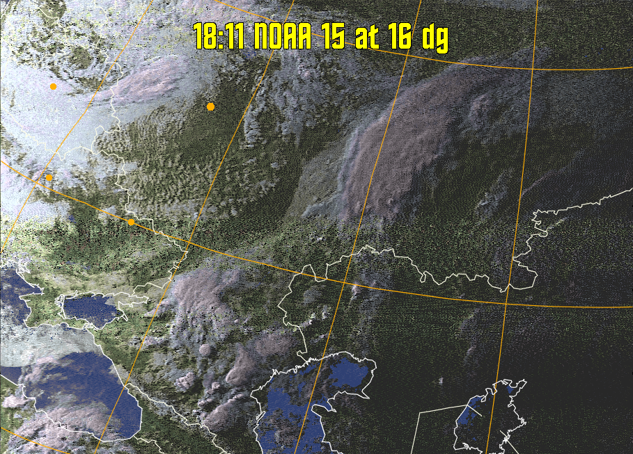 HVCT:
Similar to HVC, but with blue water and with colours more indicative of
land temperatures.
HVC:
Creates a false colour image from NOAA APT images based on temperature using
the HVC colour model. Uses the temperature derived from the sensor 4 image to
select the hue and the brightness from the histogram equalised other image to
select the value and chroma. The HVC colour model attempts to ensure that different colours at the same value will appear to the eye to be the same brightness
and the spacing between colours representing each degree will appear to the eye to
be similar. Bright areas are completely unsaturated in this model.
