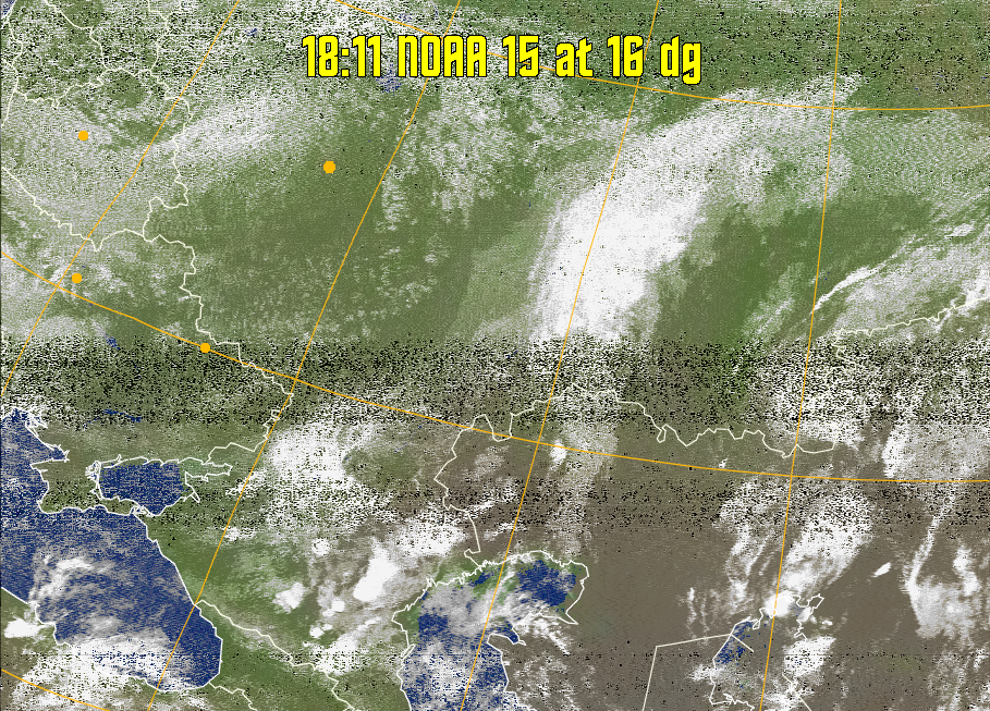MCIR-precip: 
Colours the NOAA sensor 4 IR image using a map to colour the sea blue and land
green. High clouds appear white, lower clouds gray or land/sea coloured, clouds
generally appear lighter, but distinguishing between land/sea and low cloud may
be difficult. Darker colours indicate warmer regions.