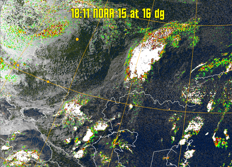 MSA-precip:
Same as MSA multispectral analysis, but high cold cloud tops are coloured the
same as the NO enhancement to give an approximate indication of the probability
and intensity of precipitation.